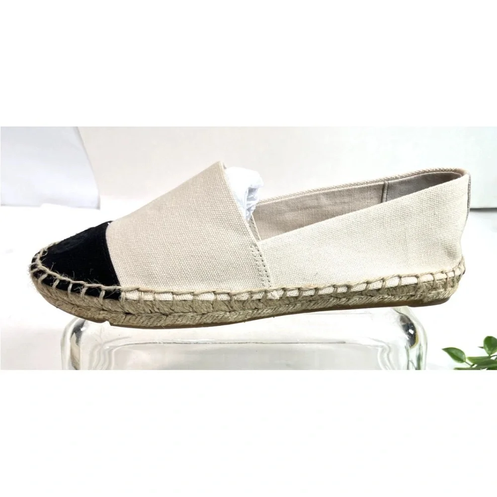 Tory Burch Logo Shoes Womens Size 8 Beige Black Espadrilles Toe Canvas Slip On